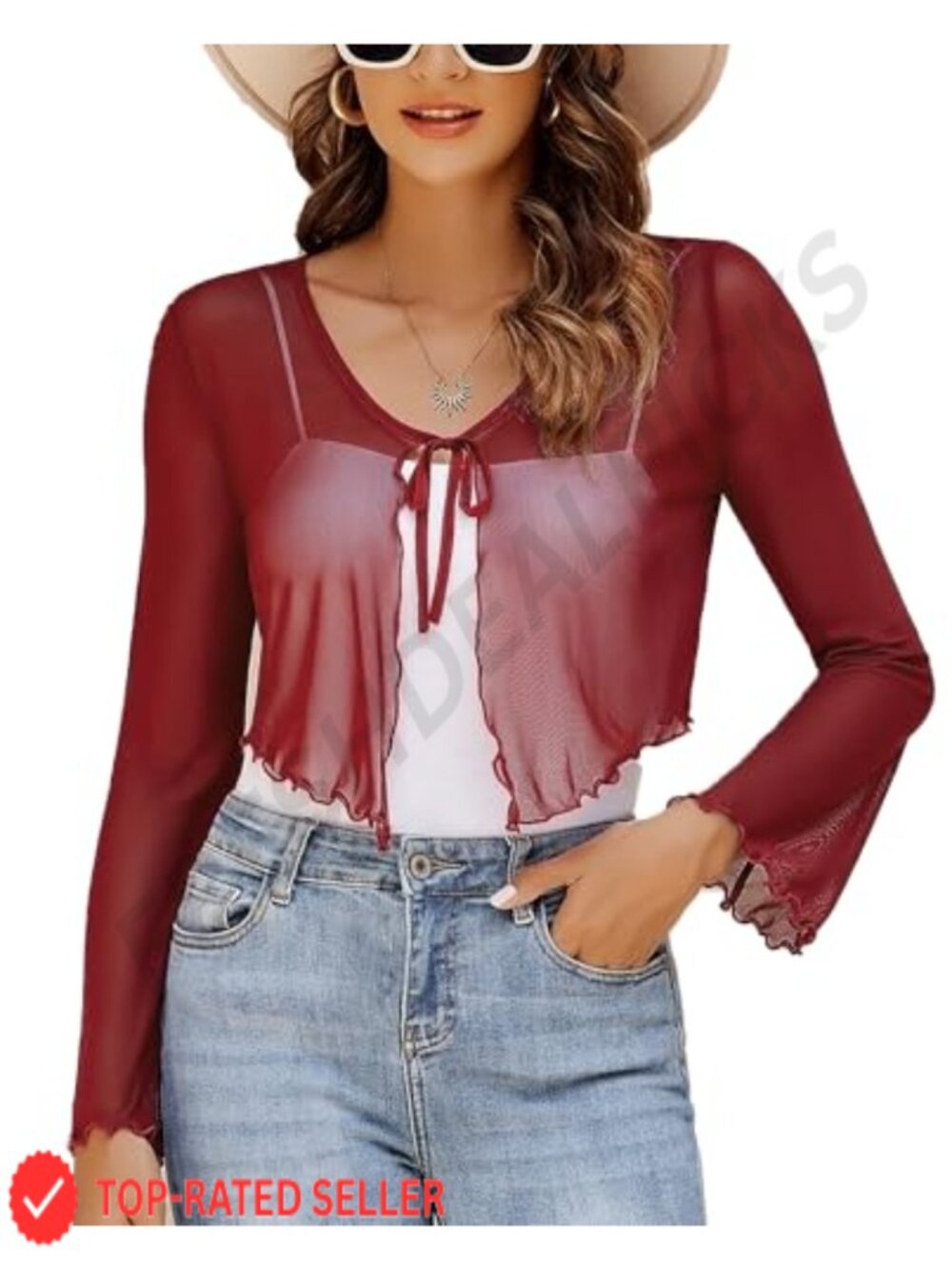 Sheer Mesh Shrug Tie Front Bell Sleeve Bolero Lightweight Summer Casual Top